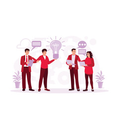 A group of happy young business people meet their colleagues to discuss business in the office. concept of teamwork in the office. Trend Modern vector flat illustration