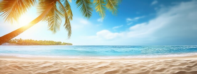 Summer background, nature of tropical beach with rays of sun light. Golden sand beach, palm tree, sea water against blue sky with white clouds. Copy space, summer vacation concept