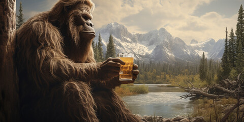 Sasquatch drinking a cold craft beer with scenic view. Generative AI