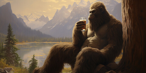 Sasquatch drinking a cold craft beer with scenic view. Generative AI