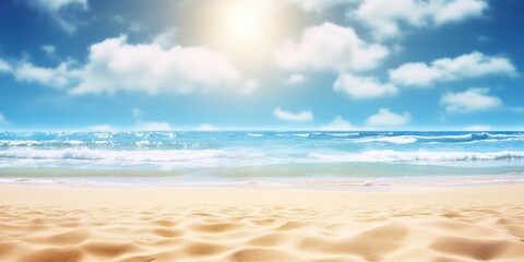 Fototapeta na wymiar Summer background, nature of tropical golden beach with rays of sun light. Golden sand beach, sea water against blue sky with white clouds. Copy space, summer vacation concept