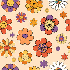 Floral vector seamless pattern in groovy retro style, hand drawn funny flowers, retro floral ornament - 627219704