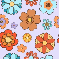 Behang Floral vector seamless pattern in groovy retro style, hand drawn colorful wildflowers, retro floral ornament © nastyasklyarova