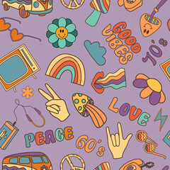 Retro groovy elements vector seamless pattern; retro symbols, rainbow, peace, love, hippie, daisy, trendy retro pop cartoon style