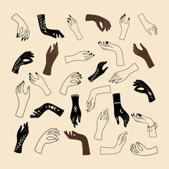 Female mystical hands in a minimalistic linear style; vector illustration with hand gestures - 627219732