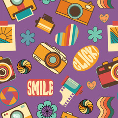 Retro groovy photography elements vector seamless pattern; retro camera, camera roll, click, smile in trendy retro groovy style