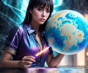 Naklejka premium beautiful cyberpunk girl holding a planet model and a laser pointer in her hand, Generative AI