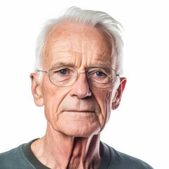 Portrait of a senior man in eyeglasses looking away. Isolated on grey background. Closeup portrait of a sad  senior man with grey hair.