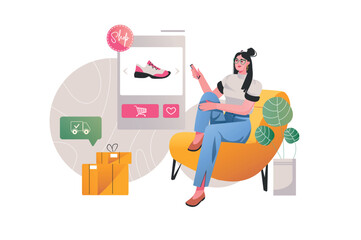 Online shopping concept with people scene in the flat cartoon design. A girl chooses new sneakers in an online store. Vector illustration.