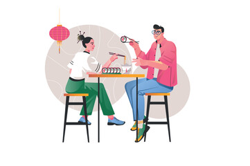 China food concept with people scene in the flat cartoon style. A young couple ordered Chinese food and spend the evening together. Vector illustration.