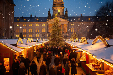 Obraz premium Crowds of People Visiting Christmas Market Striezelmarkt in Dresden, Germany - Festive Holiday Gathering and Traditions. created with Generative AI
