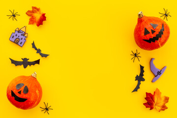 Halloween pumpkin heads and funny cookies. Halloween holiday background