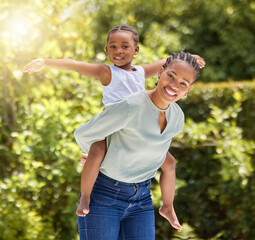 Black family, portrait and piggy back outdoor with happiness and smile in a park. Mom, young girl and happy kid in nature with mother and child together on a lawn on summer holiday having fun