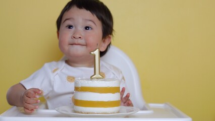 Portrait of baby celebrating his first birthday with cake and candle on it