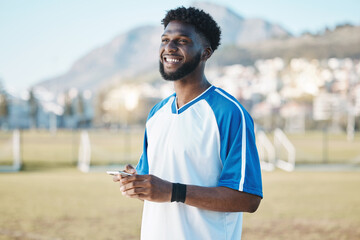 Fitness, phone or soccer player on field on social media, blog post or texting on internet or...