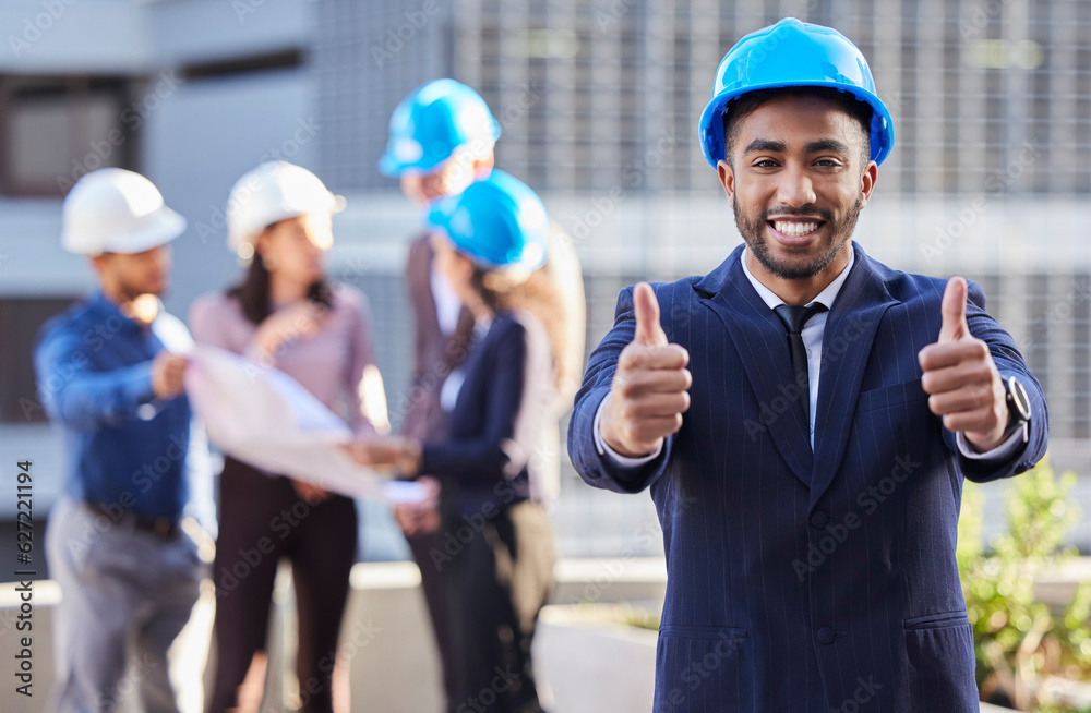 Poster Businessman, portrait and architect with thumbs up in construction for winning, success or teamwork on site. Happy man, engineer or manager with thumb emoji, yes sign or like in architecture approval