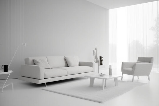 Living room, white room, nobody, light brown sofa. AI Generative