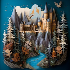 Castle on a Hill - Handcrafted Layered Paper Art for Creative Artistic Collage, AI Generated