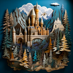 Castle on a Hill - Handcrafted Layered Paper Art for Creative Artistic Collage, AI Generated