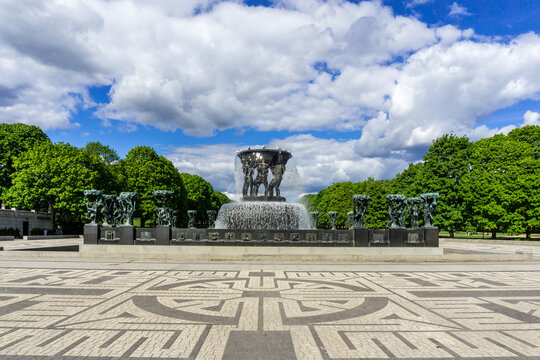 Fountain in Oslo Vigeland Sculture Park during Summer.