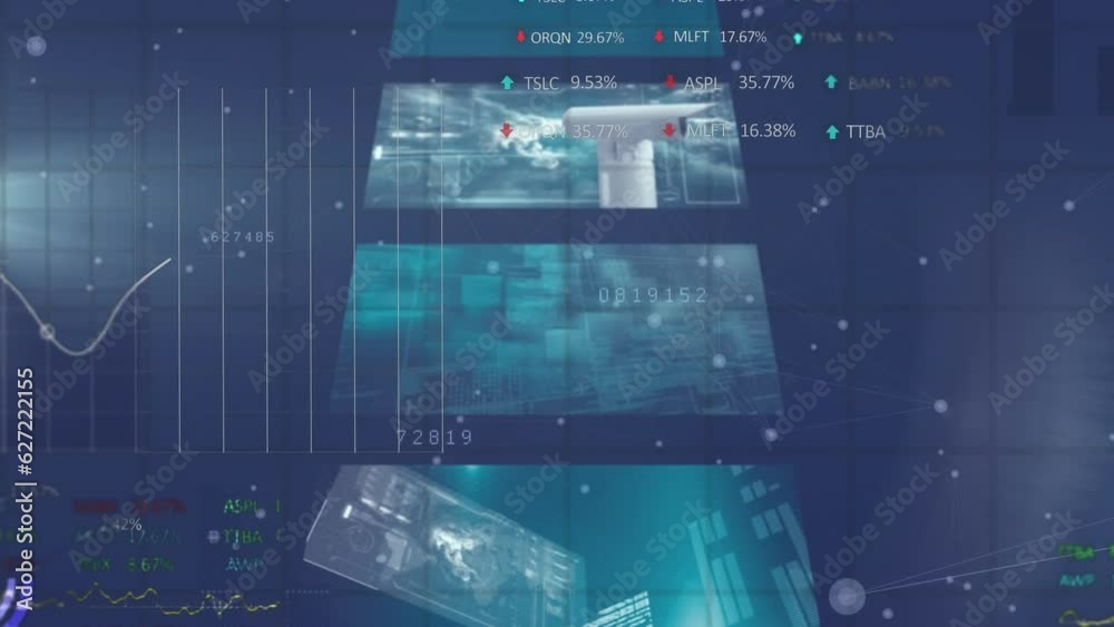 Poster animation of statistical and stock market data processing against screens with data processing