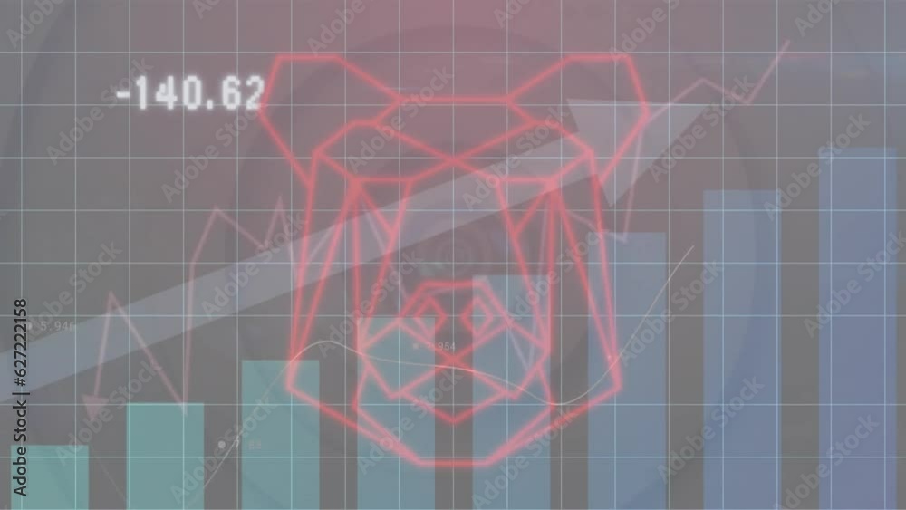 Poster animation of statistical data processing against abstract bear face icon and concentric circles