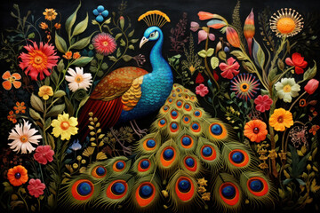 Fototapeta premium a peacock scene in a field of colorful flowers, colored oil paintings, and conceptual embroideries