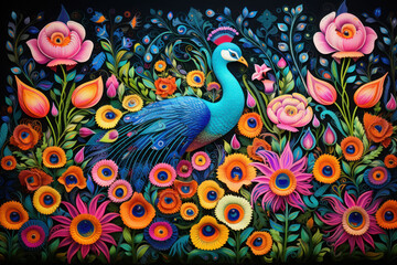 Fototapeta premium a peacock scene in a field of colorful flowers, colored oil paintings, and conceptual embroideries