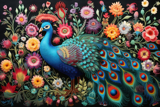 a peacock scene in a field of colorful flowers, colored oil paintings, and conceptual embroideries