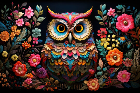 Owl scene in a field of colorful flowers, colored oil paintings, and conceptual embroideries