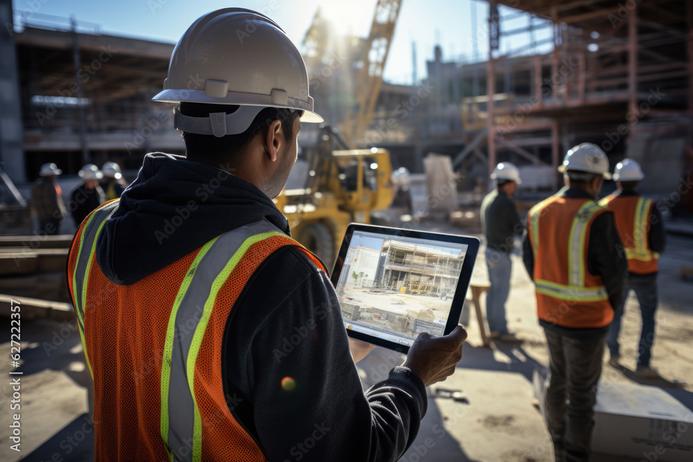 Sticker group of engineers and construction workers huddled working together