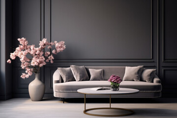 Modern interior design, in a spacious room, next to a table with flowers against a gray wall.
