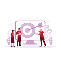 Business missions. Business people in front of a big screen presenting the business vision and Mission. Trend Modern vector flat illustration