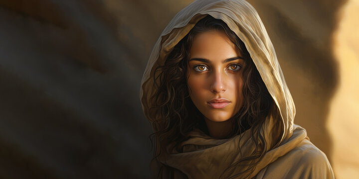 Portrait of a beautiful young biblical woman with copy space