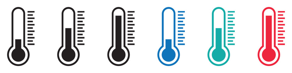 Set of temperature icons. Vector thermometer showing the temperature. Thermometer symbols, temperature scale, weather icons. The temperature from cold to hot. EPS 10. - obrazy, fototapety, plakaty