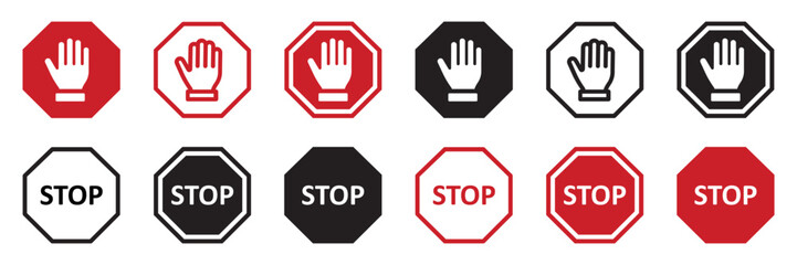Set of red STOP signs. Stop hand, warning stop icons. Human palm, roadside, do not enter, prohibition sign, stop symbol, hand. Vector. - obrazy, fototapety, plakaty