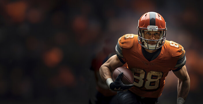 An American football player in an orange helmet and uniform runs with a ball in his right hand during a football match. Background with space for text. Generative Ai - Powered by Adobe