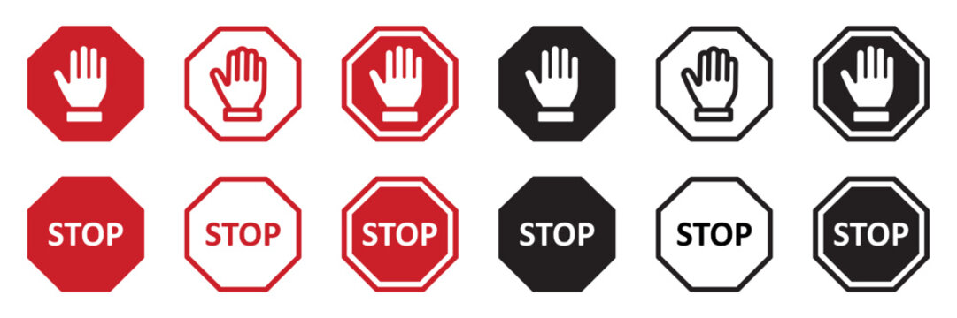 Set of red STOP signs. Stop hand, warning stop icons. Human palm, roadside, do not enter, prohibition sign, stop symbol, hand. Vector.