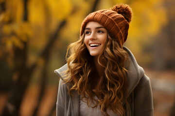 Fototapeta premium Portrait of young happy smiling girl in autumn park, positive cheerful young woman enjoying a walk outdoors in autumn forest