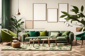 Warm and cozy living room interior with mock up poster frame, modular sofa, wooden coffee table, green armchair, vase with leaves, patterned carpet and personal accessories