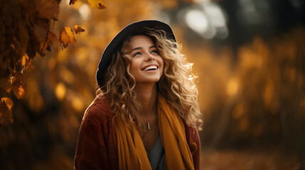 Portrait of young happy smiling girl in autumn park, positive cheerful young woman enjoying a walk...