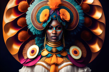 Girl dressed for the carnival parade night. Beautiful woman with mask and a beautiful suit carnival and colorful headdress. Generative Ai