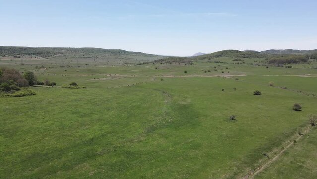 Spring Aerial view of rural land near town of Godech, Sofia region, Bulgaria