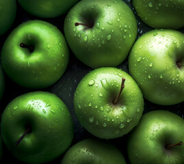 Creative fruits vegetable concept. Fresh green apple apples glistering with water droplet. flat lay top view