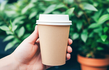   Hand with reusable blank craft paper cup