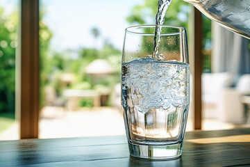  Pouring purified fresh drink water from the bottle in a glass