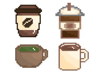 Set of Drinks ,Pixel art,food,coffee, green tea, sweets,chocolate,milk,pixel cartoon,cute, vector ,illustration,hand-drawn,graphic,cartoon