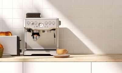 Modern silver professional espresso coffee maker machine, toaster with bread on wooden countertop cabinet counter in sunlight, leaf shadow on white square tile wall for product display background 3D