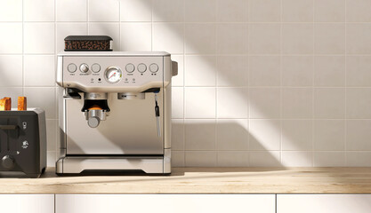 Modern silver professional espresso coffee maker machine, toaster with bread on wooden countertop cabinet counter in sunlight, leaf shadow on white square tile wall for product display background 3D
