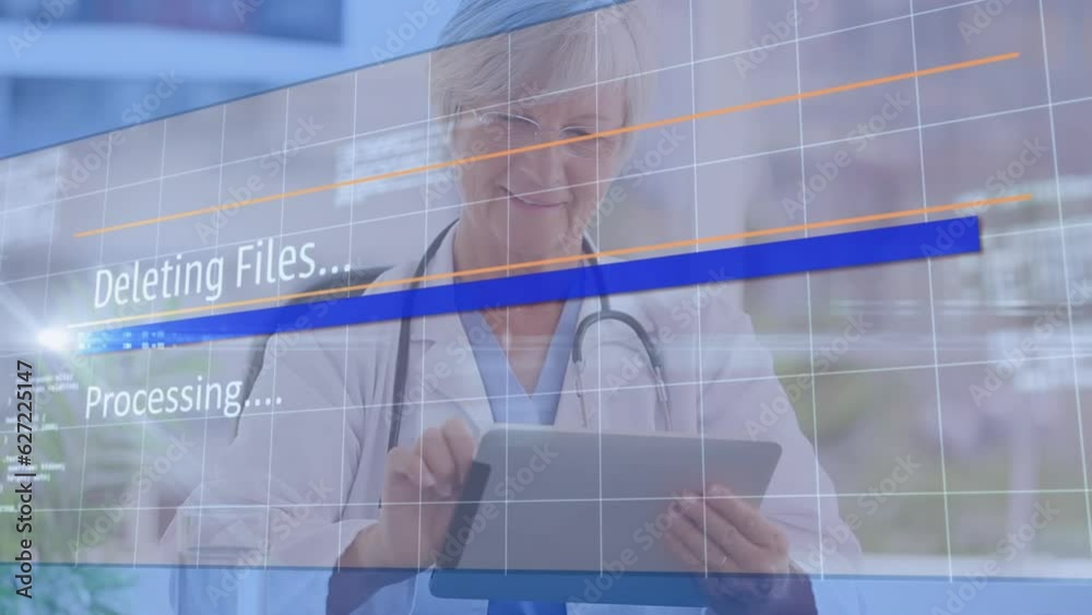 Poster Animation of data processing over caucasian female doctor